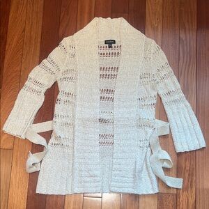 bebe Cream/Gold Open-Knit Belted Cardigan Sweater